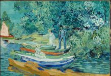I capolavori impressionisti e di correnti successive del Detroit Institute all’Ara Pacis Impressionist painting of colorful boats on a blue-green river with three people—one standing in a boat, two seated—among lush trees and foliage.