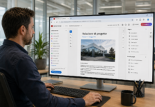 Come modificare PDF senza scaricare programmi Man in a dark shirt at a desk, viewing a project report on a large monitor showing a building photo in a PDF titled 'Relazione di progetto'