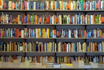 Colorful books lined on several shelves of a library, with stacks of books on the bottom shelf